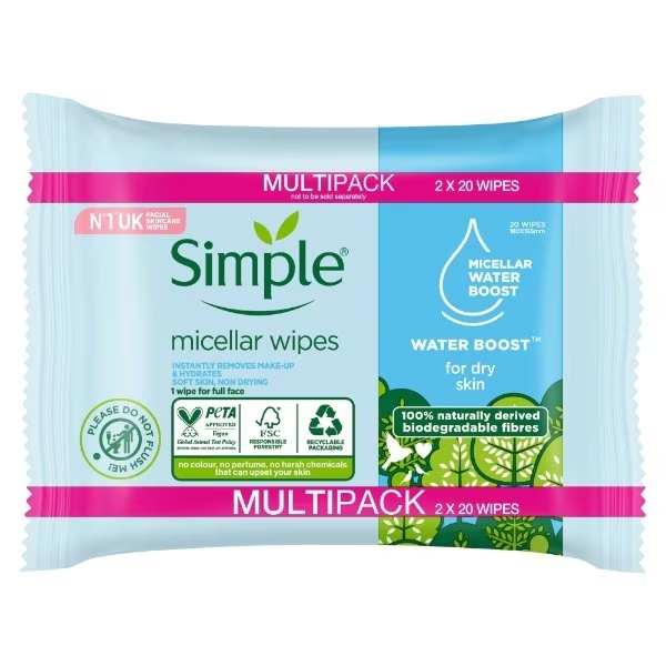 Picture of Simple Micellar Biodegradable Cleansing Wipes 2x20